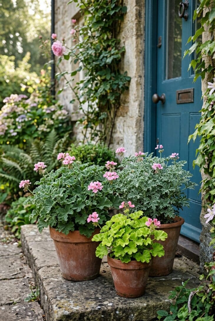 Three terracotta pots of scented-leaf geraniums with lobed gray-green leaves and small pink flowers beside a front door
