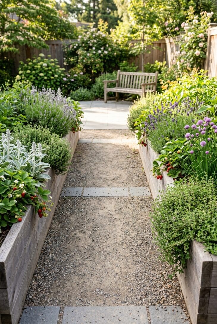Two tall cedar raised beds planted with herbs and lamb's ear along a wide smooth path with open turning space