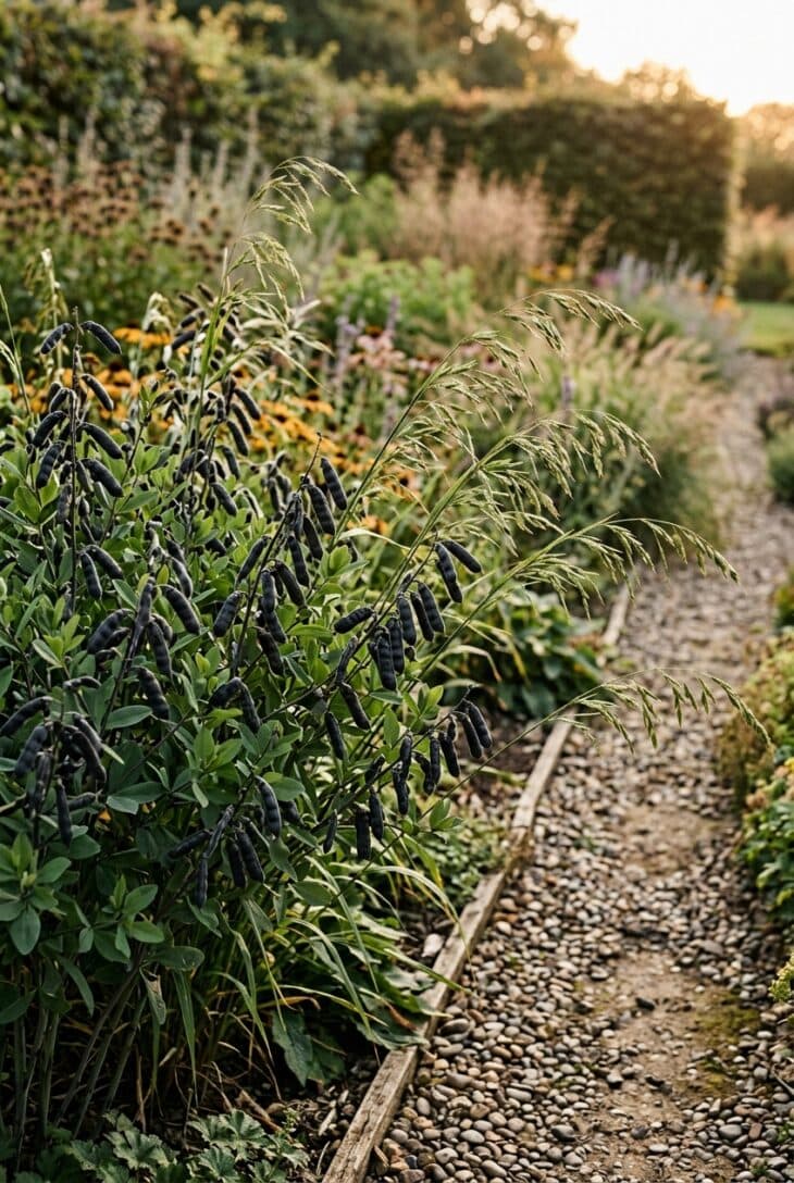 Blue false indigo with inflated black seed pods beside northern sea oats with nodding seed heads along a gravel path