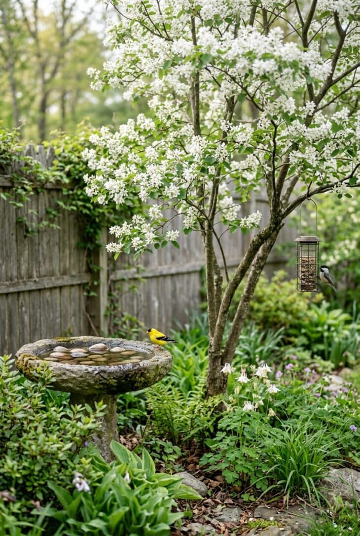 Flowering serviceberry tree beside a shallow stone birdbath with a goldfinch and a seed feeder with a chickadee