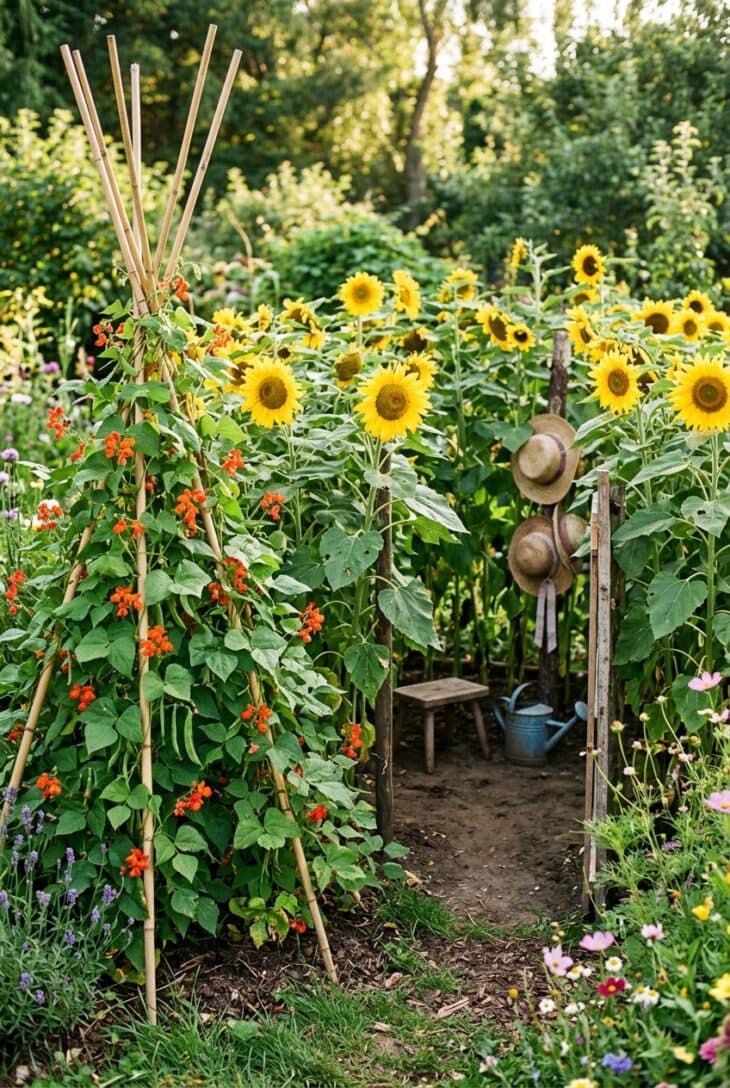 Square house of tall sunflowers with a doorway gap beside a bamboo teepee covered in scarlet runner beans and orange-red flowers