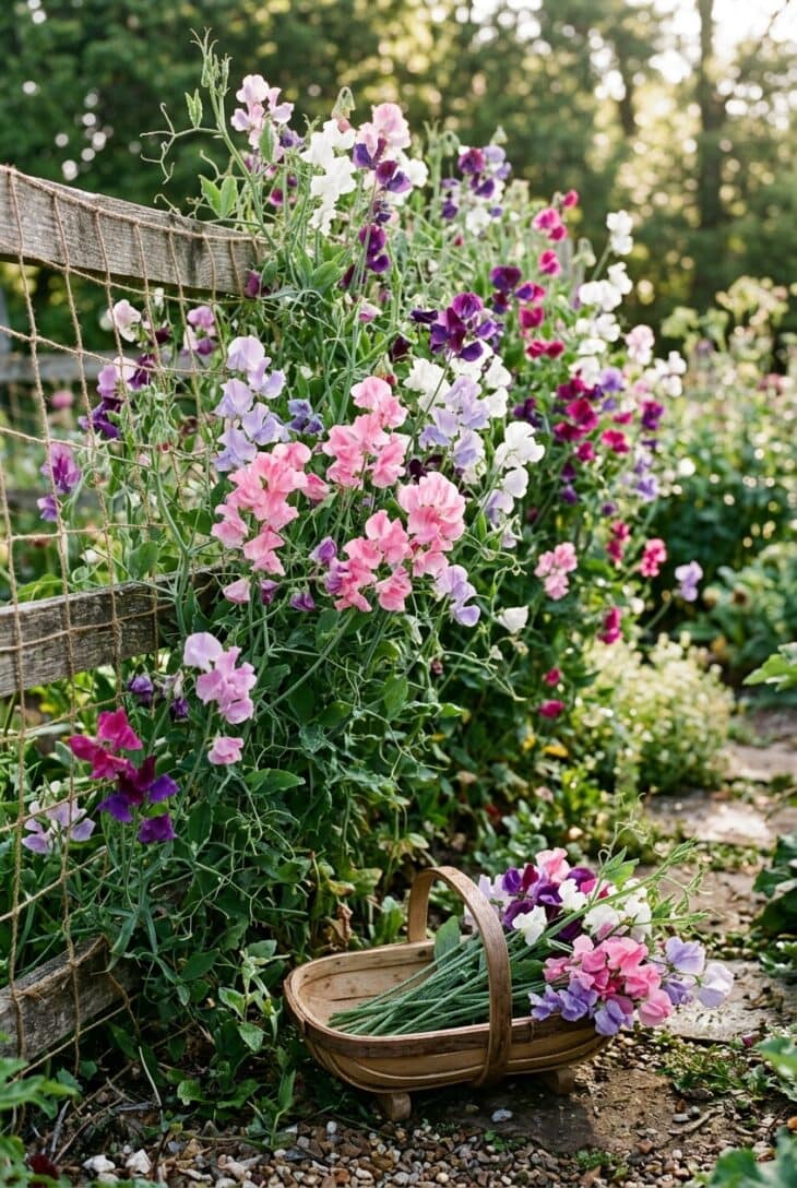 Garden fence covered with ruffled pink, lavender, white and purple sweet peas climbing netting above a basket of cut stems
