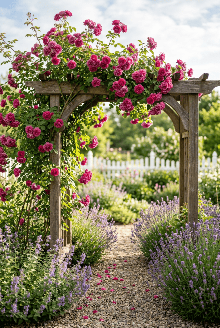 Wooden arbor covered with dark pink climbing roses over a gravel path edged with lavender and catmint