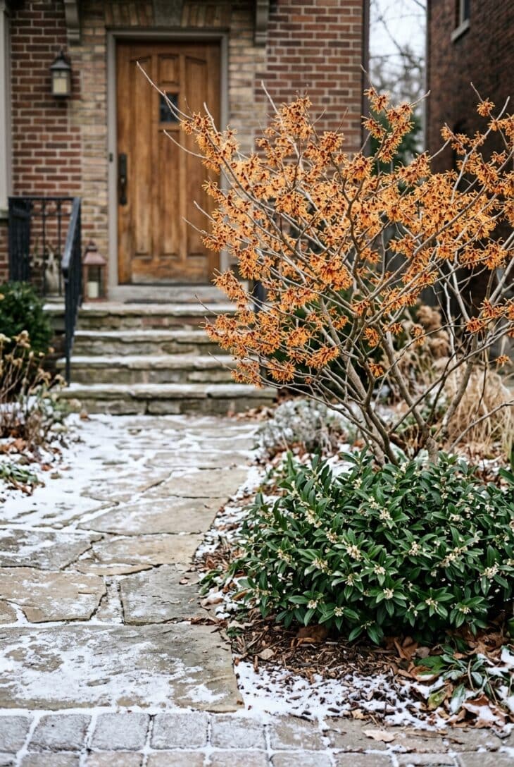 Witch hazel in bloom with spidery orange-yellow flowers beside a front walk, with glossy evergreen sweet box beneath it