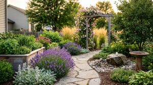 Backyard sensory garden at golden hour with a flagstone path through lavender and grasses, a rose arbor, a small pebble fountain and a raised herb bed