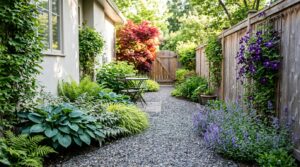 Narrow side yard with a gravel path, hostas and ferns in the shade, a clematis-covered fence and a small bistro seat