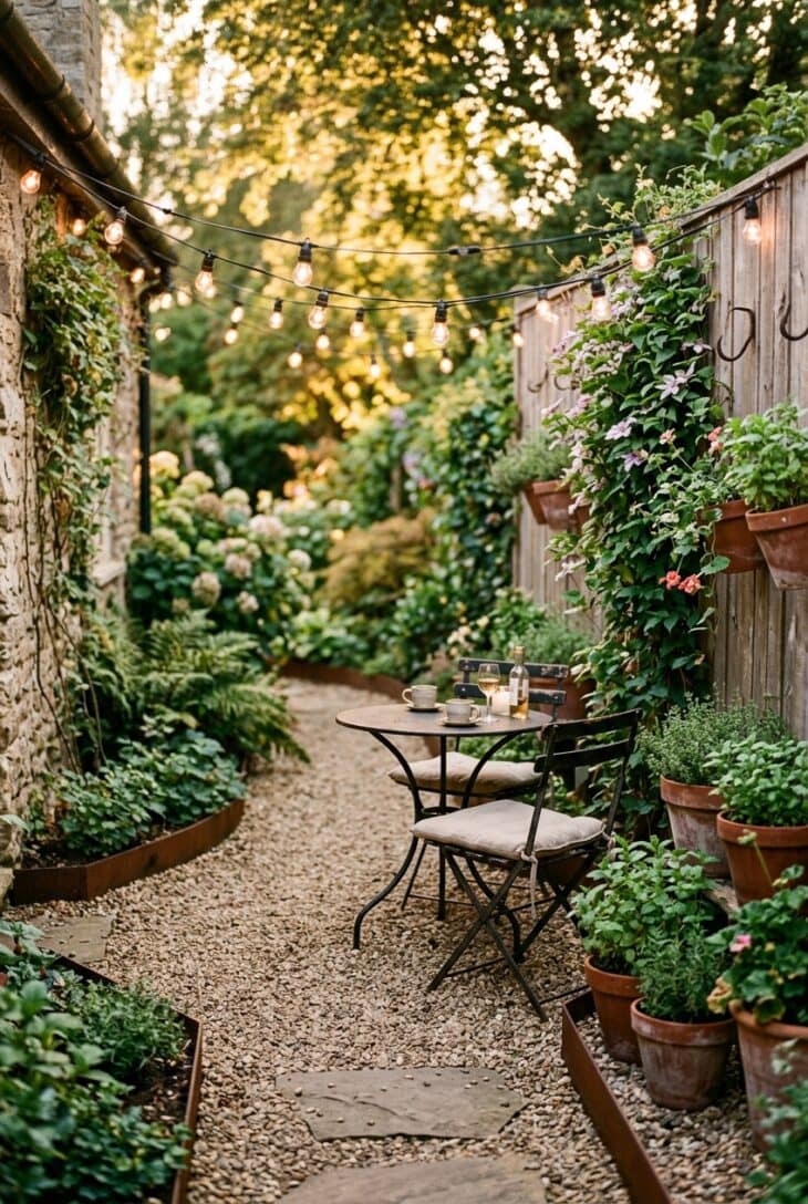 Small bistro table and two chairs on a gravel pad with string lights and potted plants in a side yard