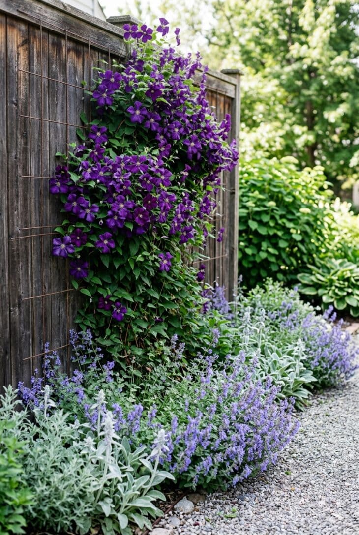 Purple clematis blooming on a wire trellis along a wooden side yard fence with a catmint border below