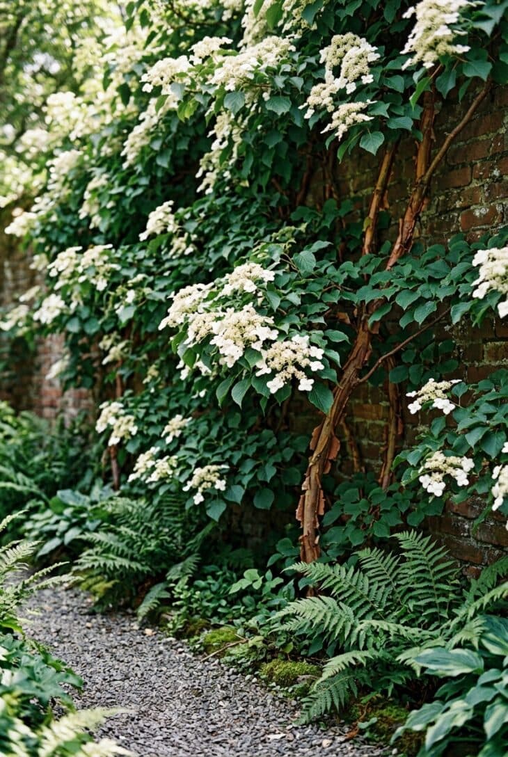 Climbing hydrangea with white lacecap flowers covering a shaded brick wall along a narrow side yard