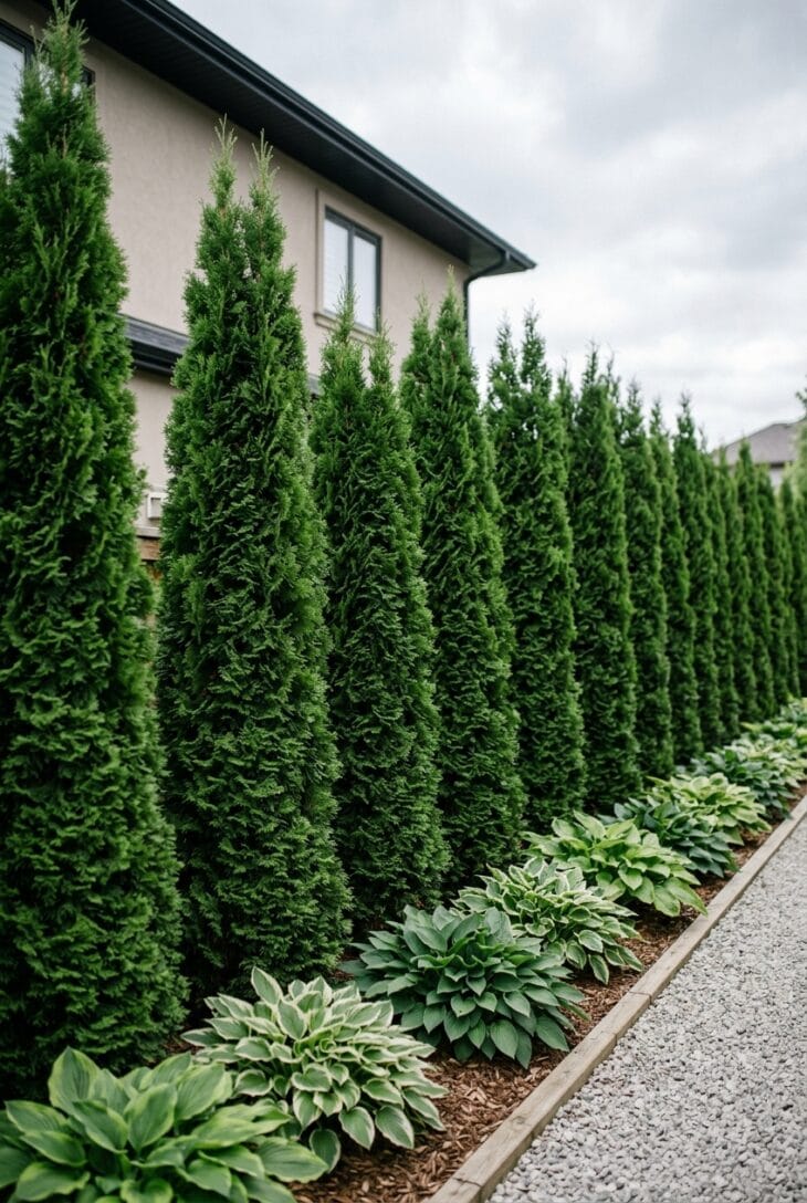 Row of slim columnar arborvitae evergreens forming a green privacy screen along a narrow side yard