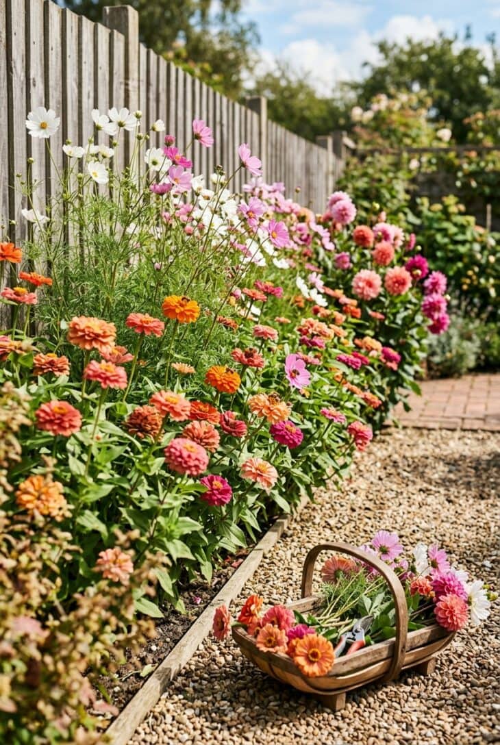 Row of pink and orange zinnias and white cosmos growing along a sunny side yard fence with a basket of cut flowers