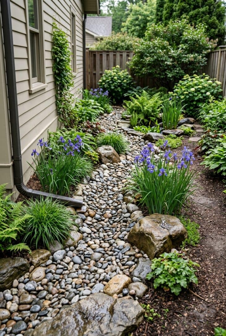 Dry creek bed of river rock with boulders and Siberian iris carrying water away from a downspout along a side yard