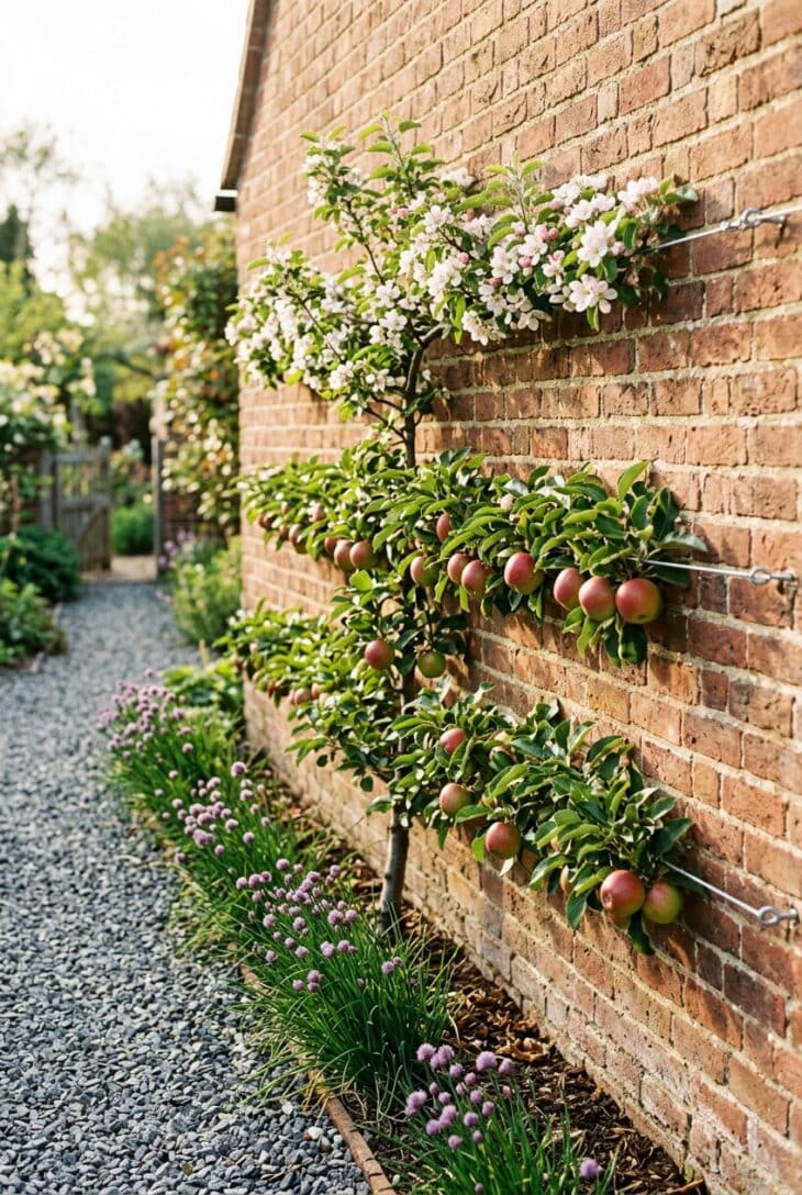 Apple tree trained flat in horizontal tiers against a sunny brick wall with fruit and white blossom in a narrow side yard