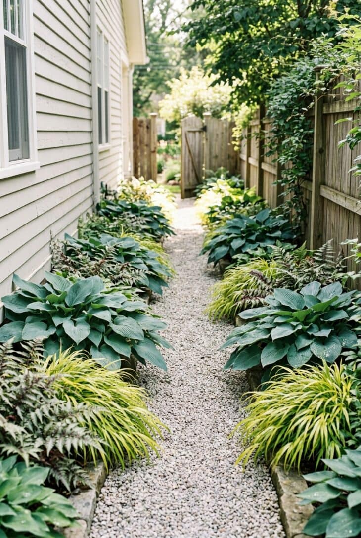 Narrow gravel path between a house wall and fence lined with blue-green hostas, silvery painted ferns and golden grass