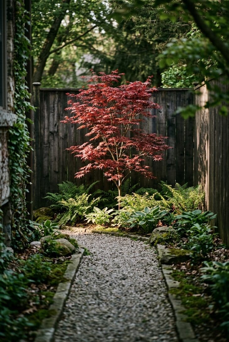 Compact red Japanese maple glowing at the end of a narrow side yard path framed by ferns and hostas