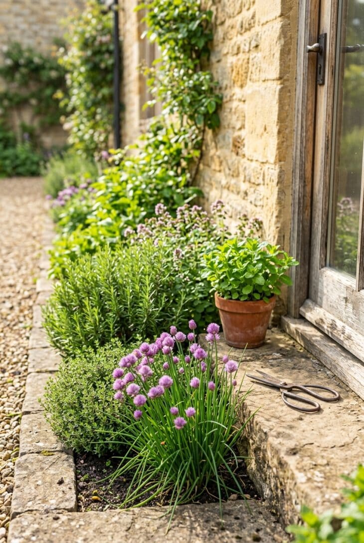 Narrow bed of thyme, oregano, chives and rosemary beside a kitchen door on a sunny side yard path