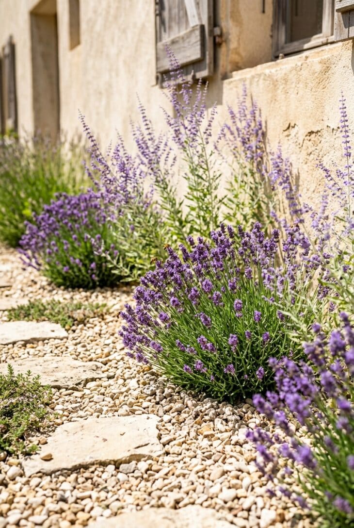 Gravel strip along a sunny house wall planted with purple lavender and airy blue Russian sage in full bloom