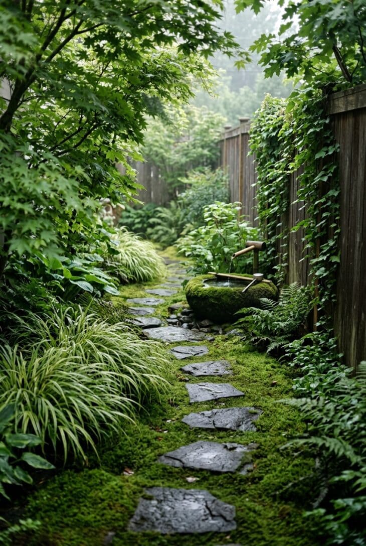 Irregular stepping stones across green moss in a narrow side yard with a small stone water basin and arching sedges