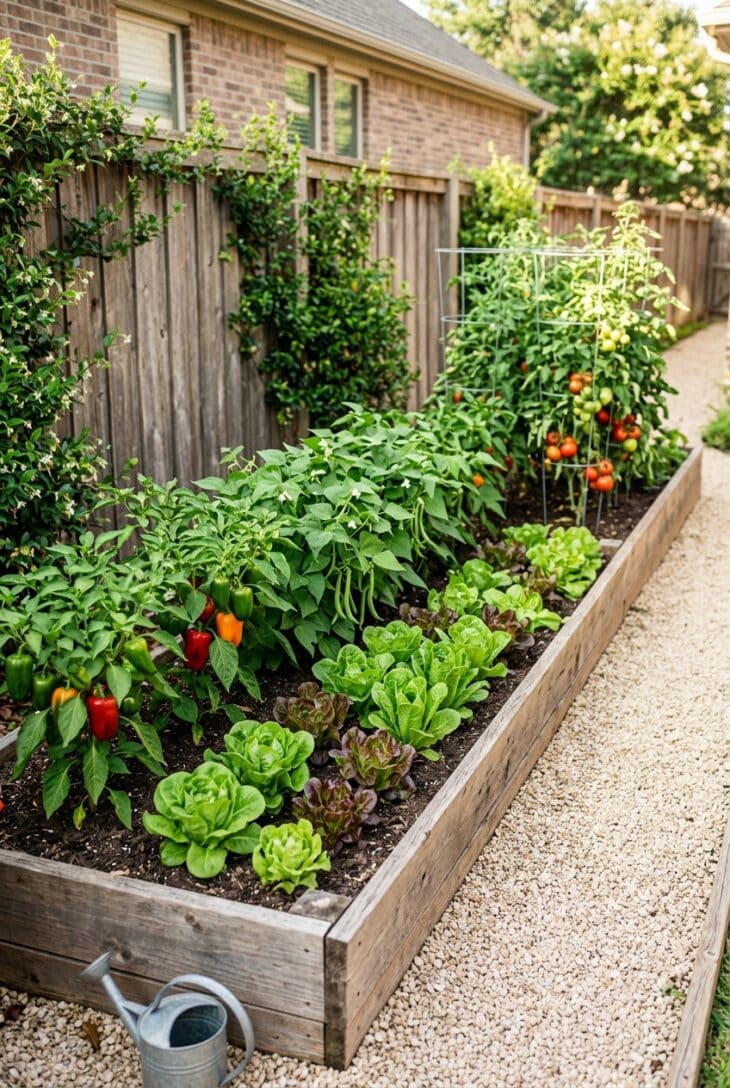 Long narrow raised bed of lettuce, peppers and bush beans along a sunny side yard fence with a gravel path