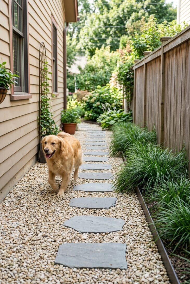 Golden retriever trotting along a pea gravel dog run with a stepping-stone line and sturdy edging beside a fence