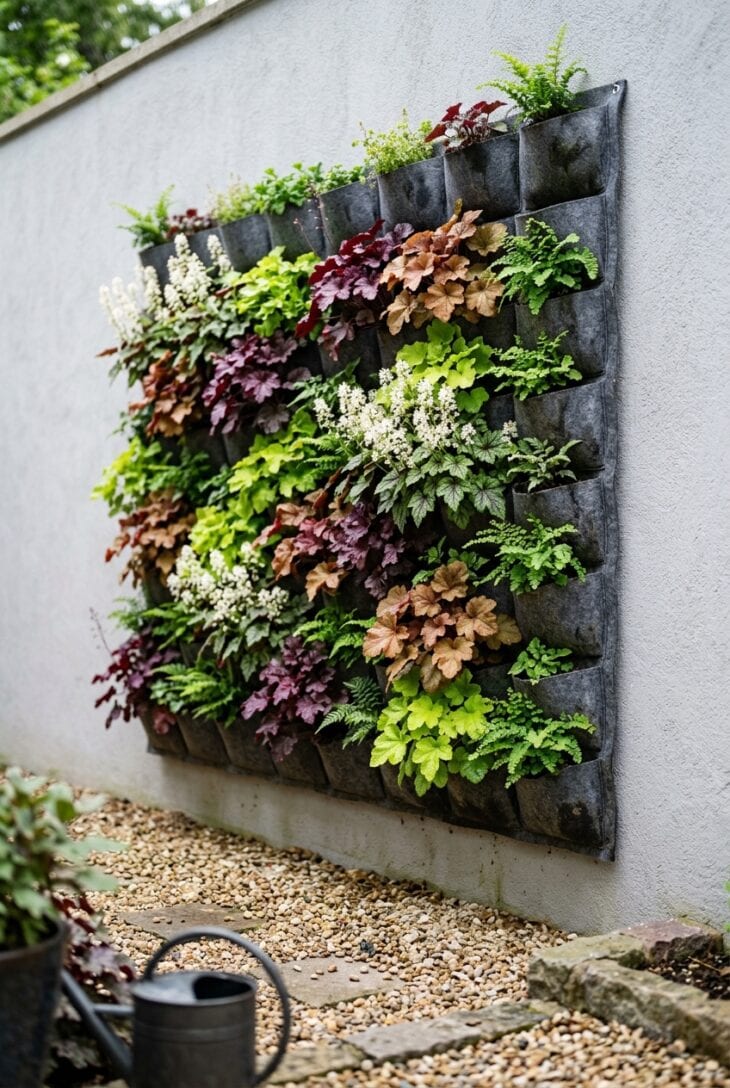 Blank gray wall covered with a felt pocket planter holding coral bells, foamflowers and ferns in a narrow side yard