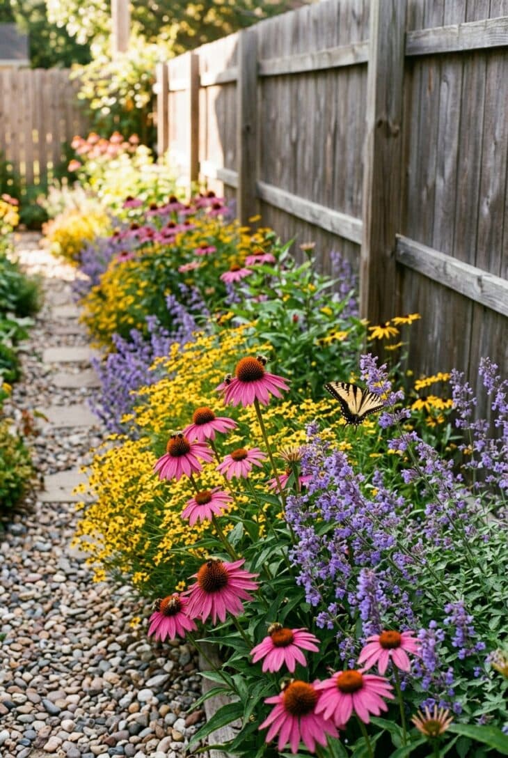 Narrow border of pink coneflowers, yellow tickseed and blue catmint with bees and a butterfly along a side yard fence