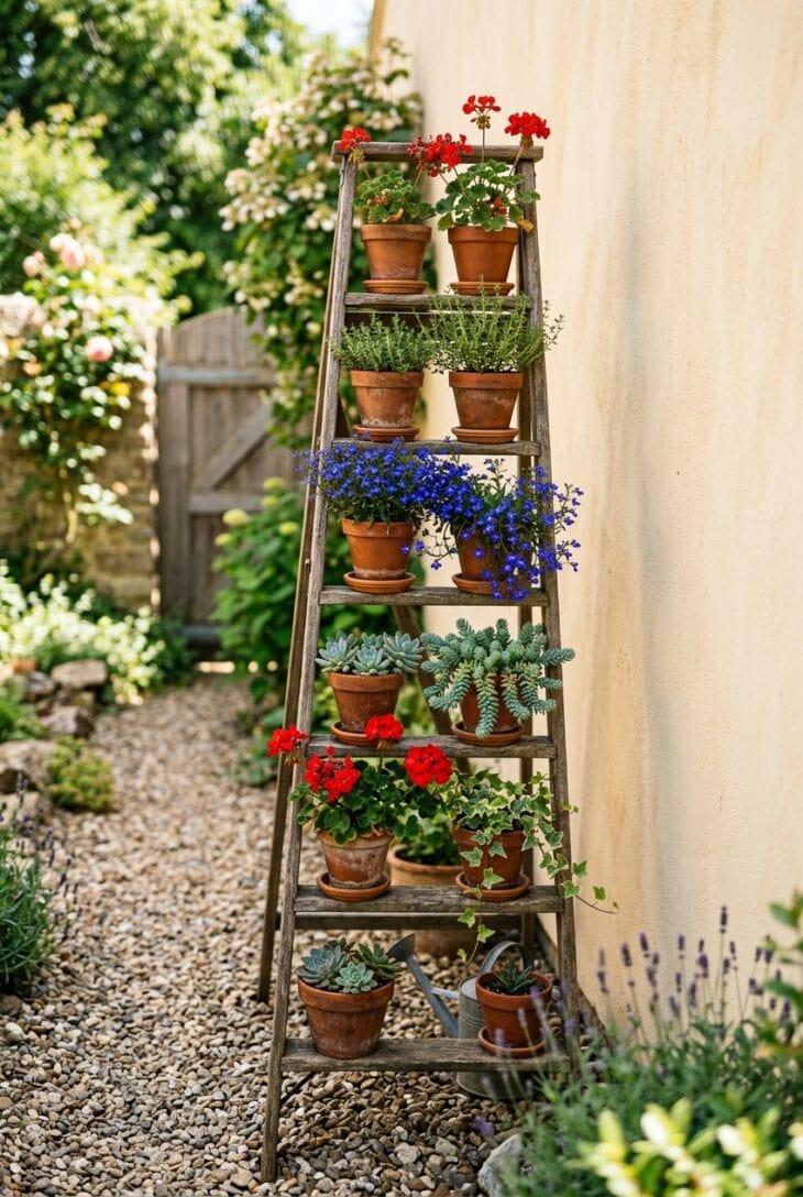 Wooden ladder shelf against a sunny wall holding small pots of red geraniums, sedum and trailing plants