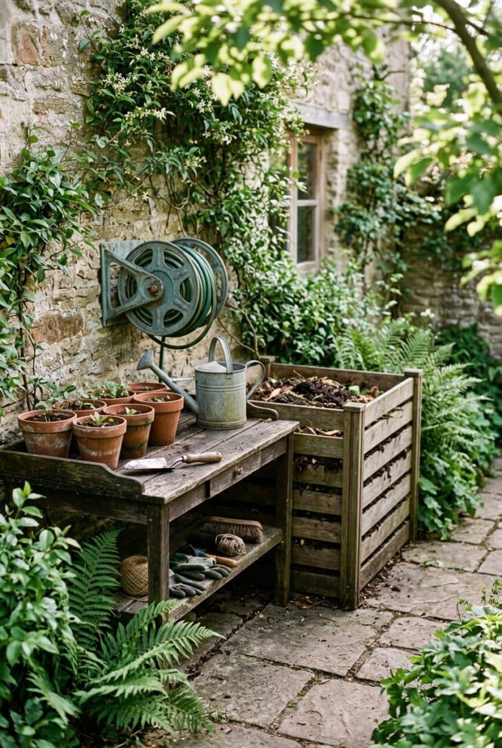 Weathered potting bench with terracotta pots and a slatted wooden compost bin tucked along a side yard wall