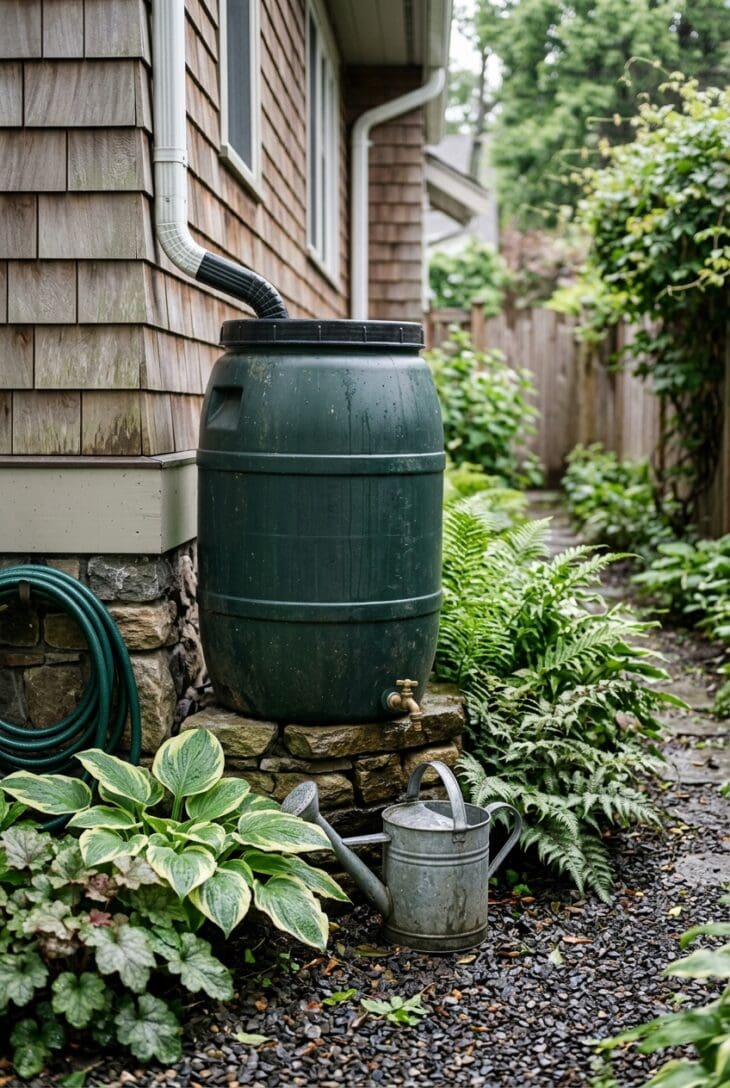 Dark green rain barrel on a stone base beside a downspout with a watering can and ferns in a side yard