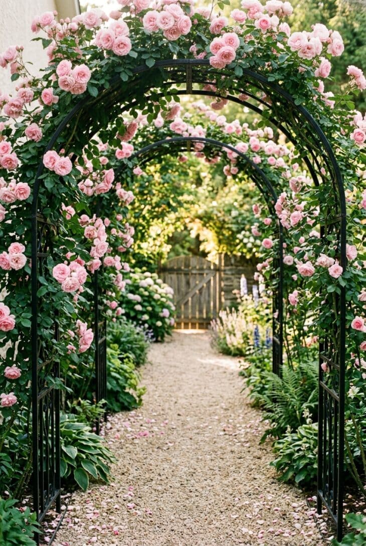 Row of steel arches covered in pink climbing roses forming a tunnel along a narrow side yard path