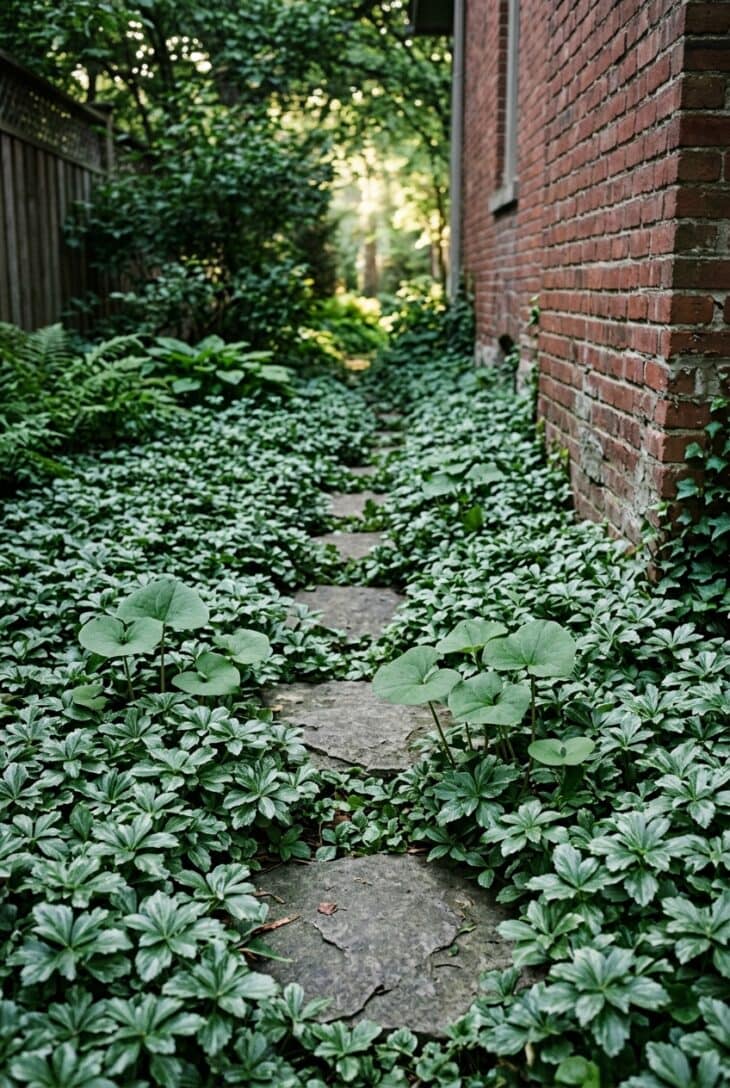 Dense green ground cover of silver-mottled pachysandra and heart-shaped wild ginger leaves along a shaded house foundation