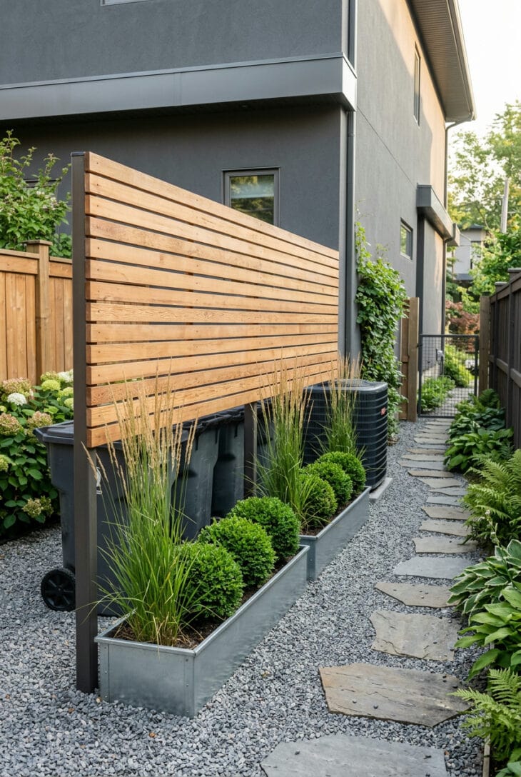 Horizontal cedar slat screen hiding trash bins and an air conditioner behind narrow planters of feather reed grass