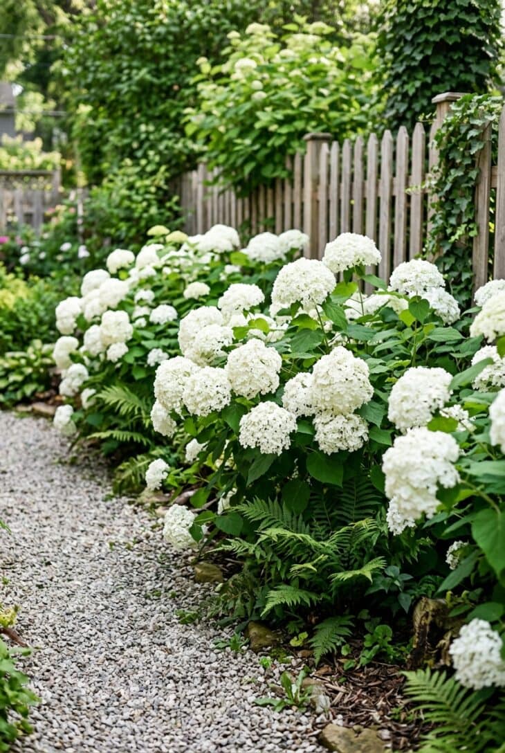Row of white snowball hydrangeas in full bloom along a part-shaded side yard fence