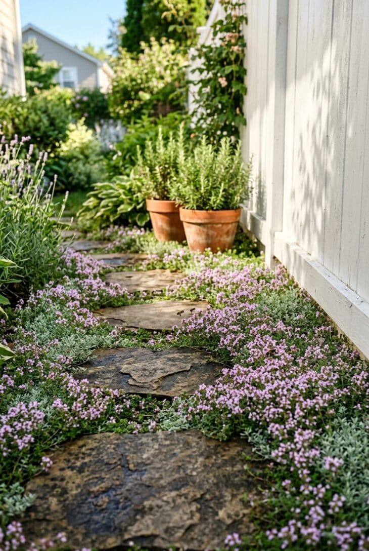 Flagstone stepping stones set in a carpet of creeping thyme with tiny pink flowers beside a white fence