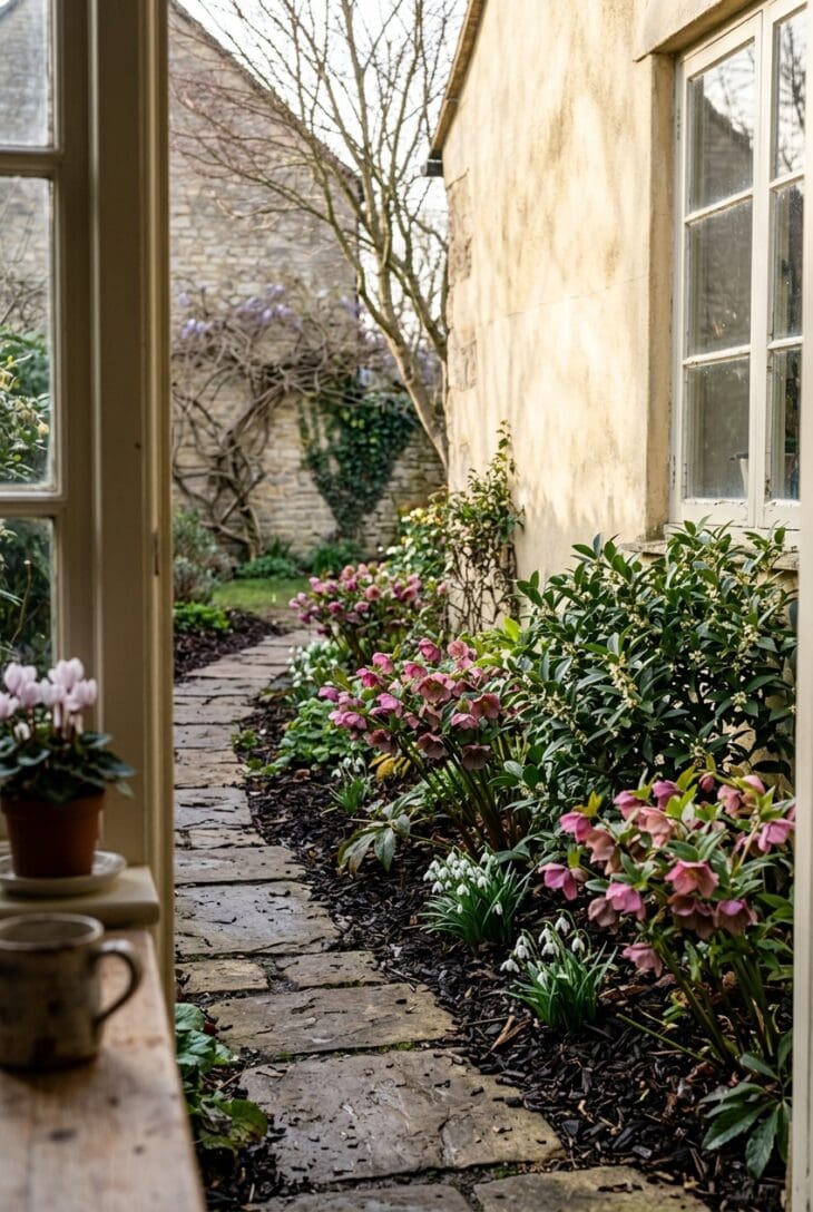 Winter side yard viewed from a window with pink hellebores in bloom and glossy evergreen sweet box shrubs