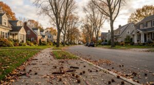 Quiet suburban street in late fall with fallen leaves, seed pods and spiky seed balls scattered on the sidewalk and lawn beneath mature trees