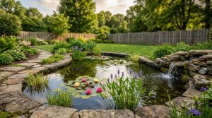 Backyard pond with a boulder waterfall, pink and yellow water lilies, pickerel rush and Japanese iris in summer light