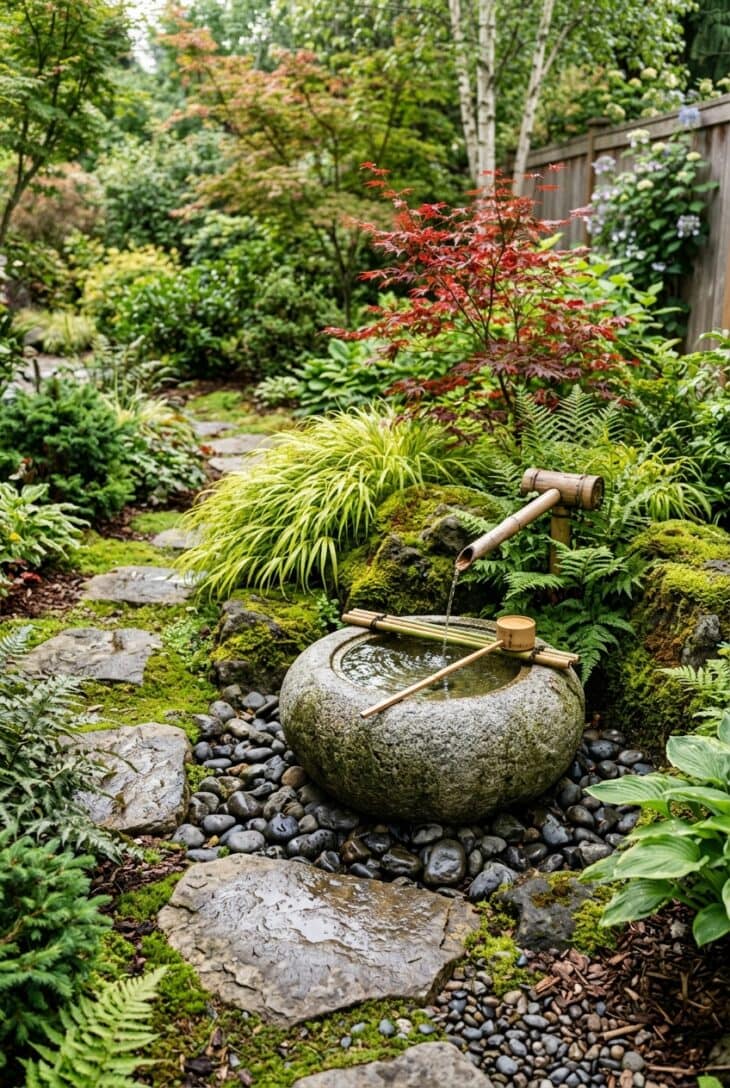 Gray stone basin filled by a bamboo spout, with Japanese forest grass, moss and a red Japanese maple behind