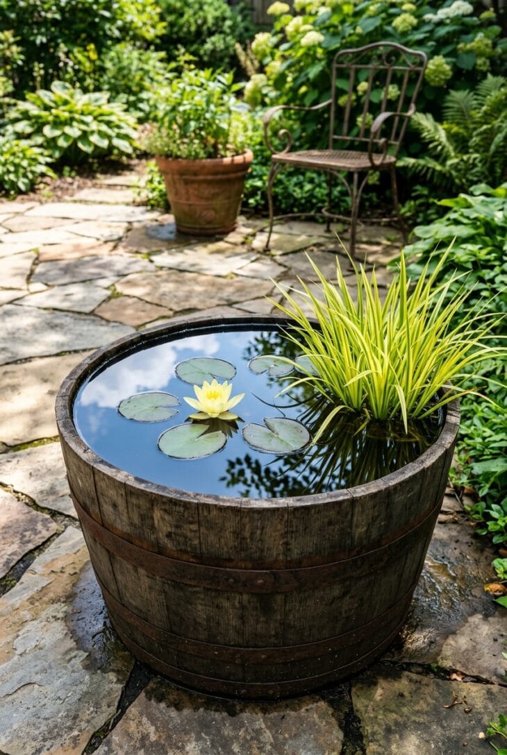 Half whiskey barrel on a patio holding a small yellow water lily and a clump of golden sweet flag