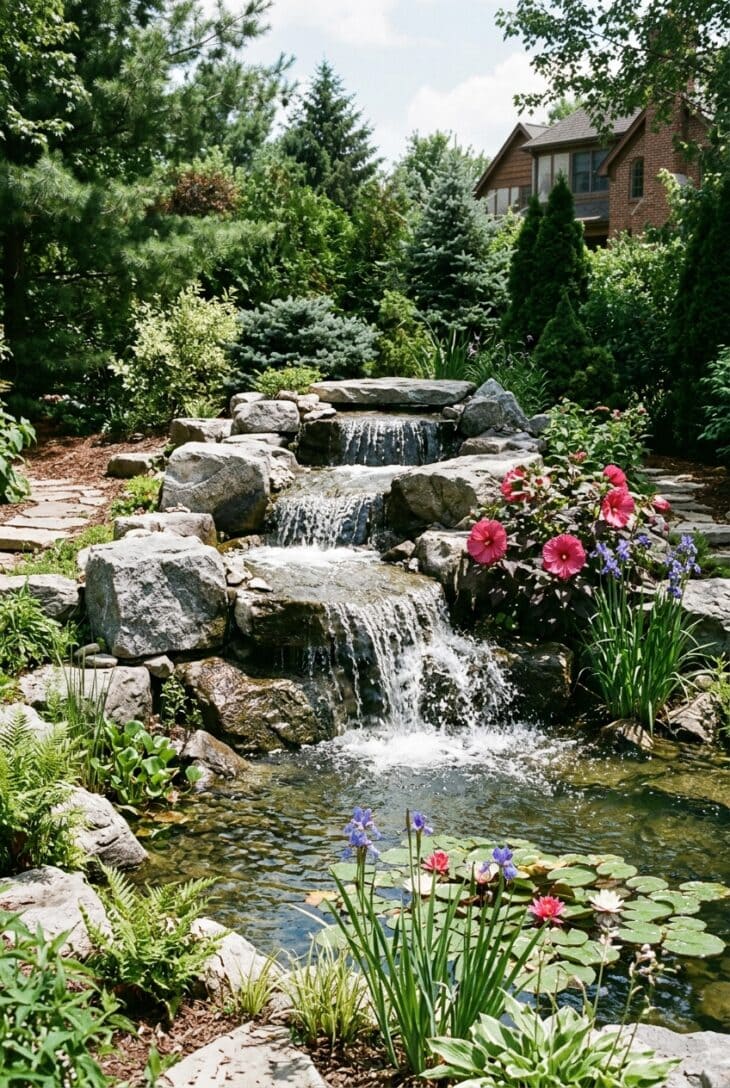 Three-tiered granite boulder waterfall spilling into a backyard pond with water lilies and pink hardy hibiscus