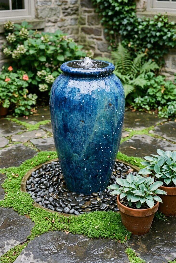 Blue glazed urn bubbling over into a pebble-filled basin, with moss growing between the pavers around it