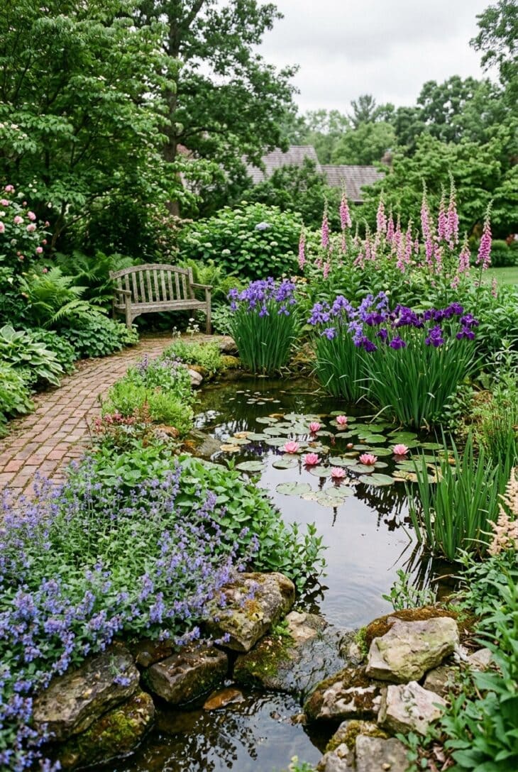 Informal pond edged with violet iris, pink foxgloves and blue catmint, with a wooden bench behind