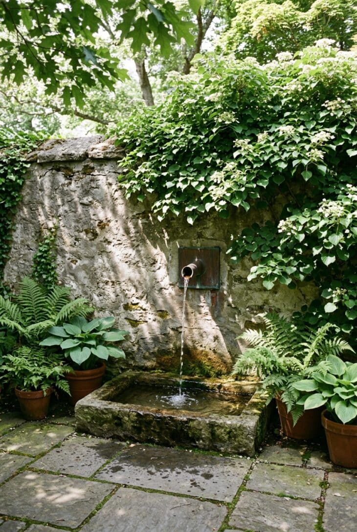 Copper spout in a limestone wall pouring into a shallow stone basin, with potted ferns and hostas on bluestone paving