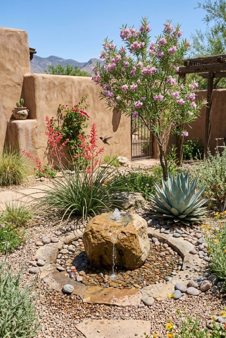 Small bubbling boulder in a stone basin among red yucca, agave and a flowering desert willow beside an adobe wall