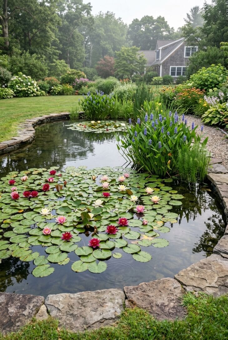 Garden pond with garnet-red, pink, white and yellow hardy water lilies floating on clear dark water