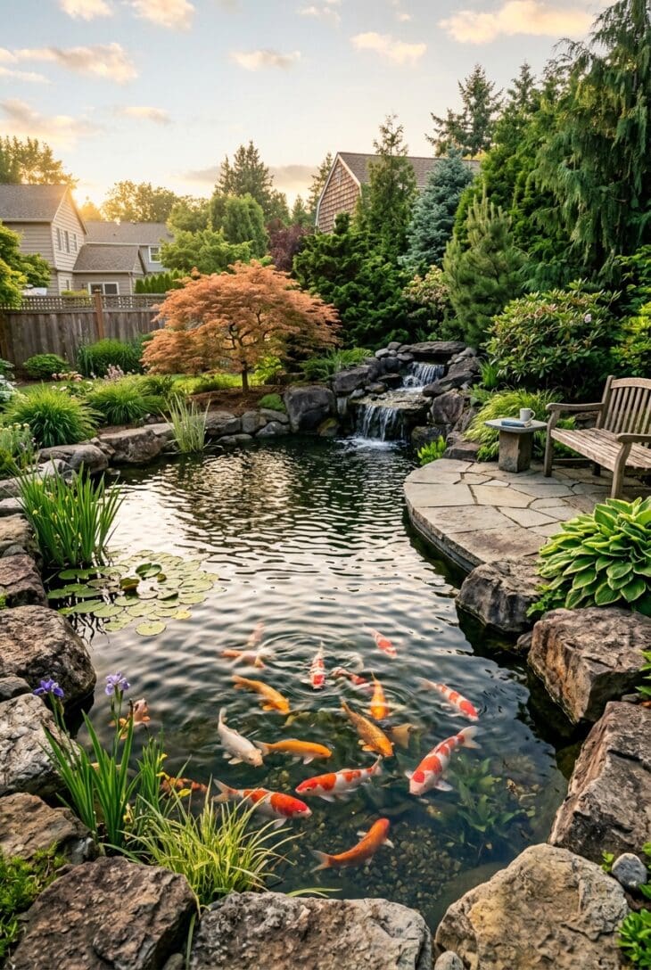 Backyard koi pond with orange and white koi swimming in clear water beside a boulder edge and small waterfall