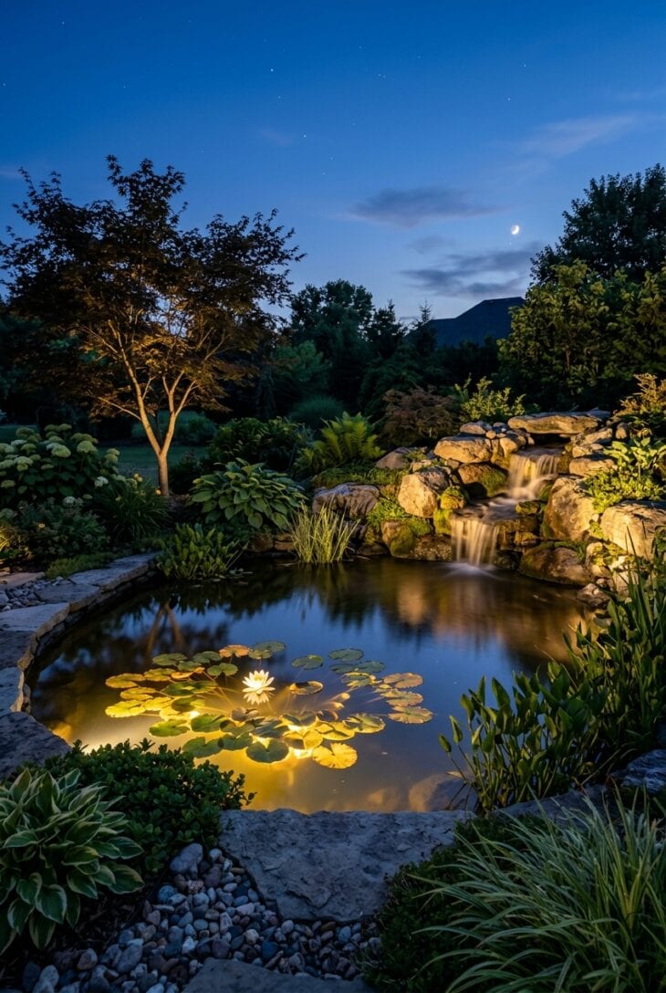 Backyard pond at dusk lit from below, with lit boulders, a Japanese maple and a white lily glowing