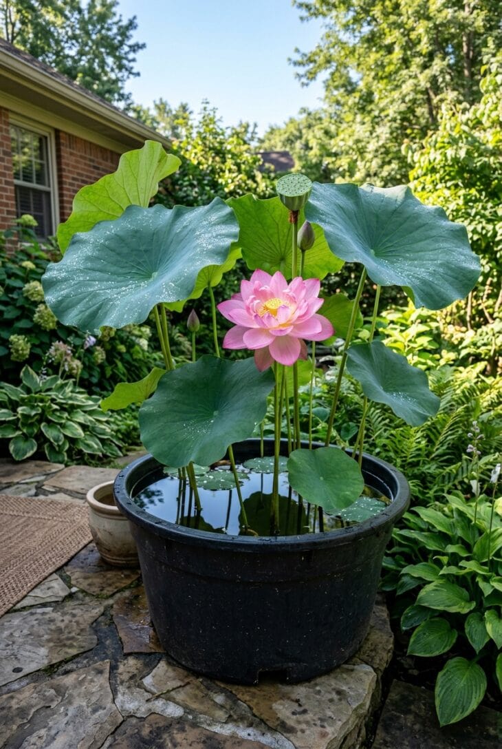 Large tub of lotus with big round leaves and a pink flower held above the water