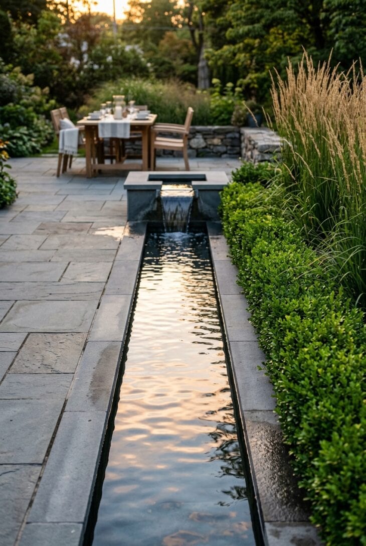 Narrow straight water channel set into bluestone paving beside a patio, with ornamental grasses along its edge