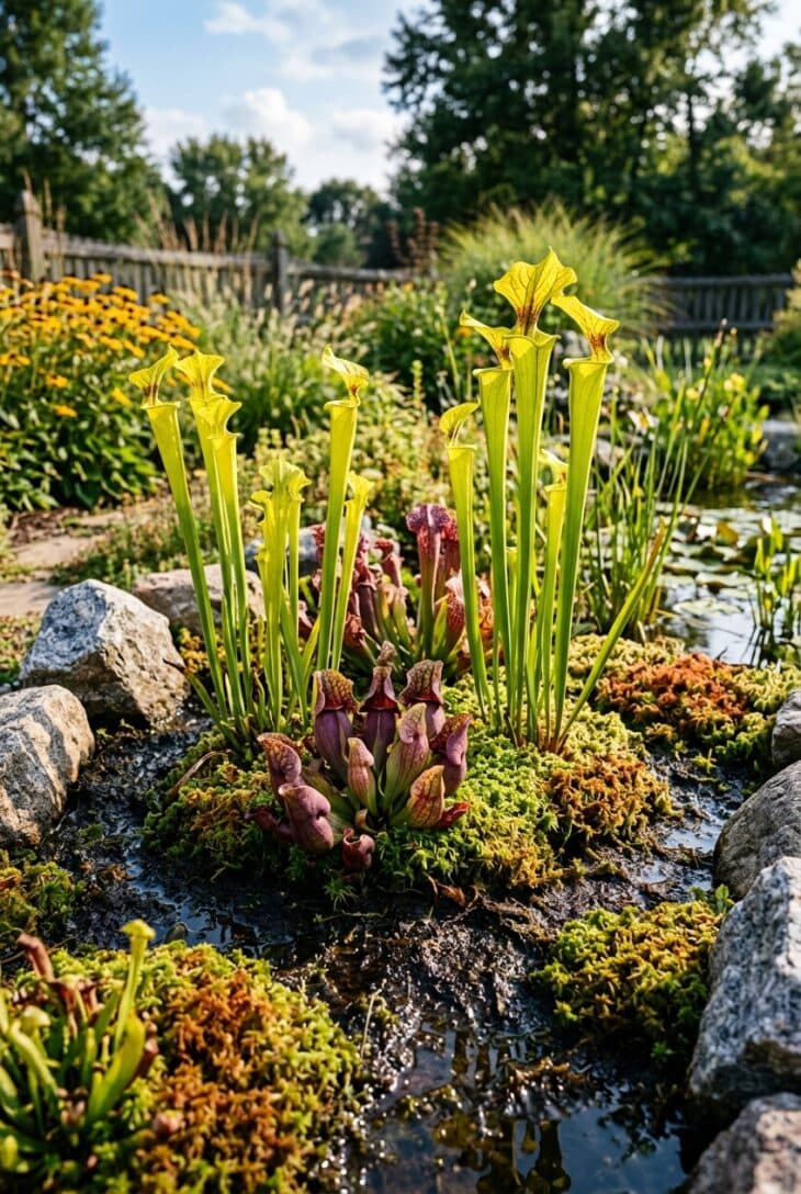 Bog garden of tall yellow and purple pitcher plants growing in damp sphagnum moss beside a pond